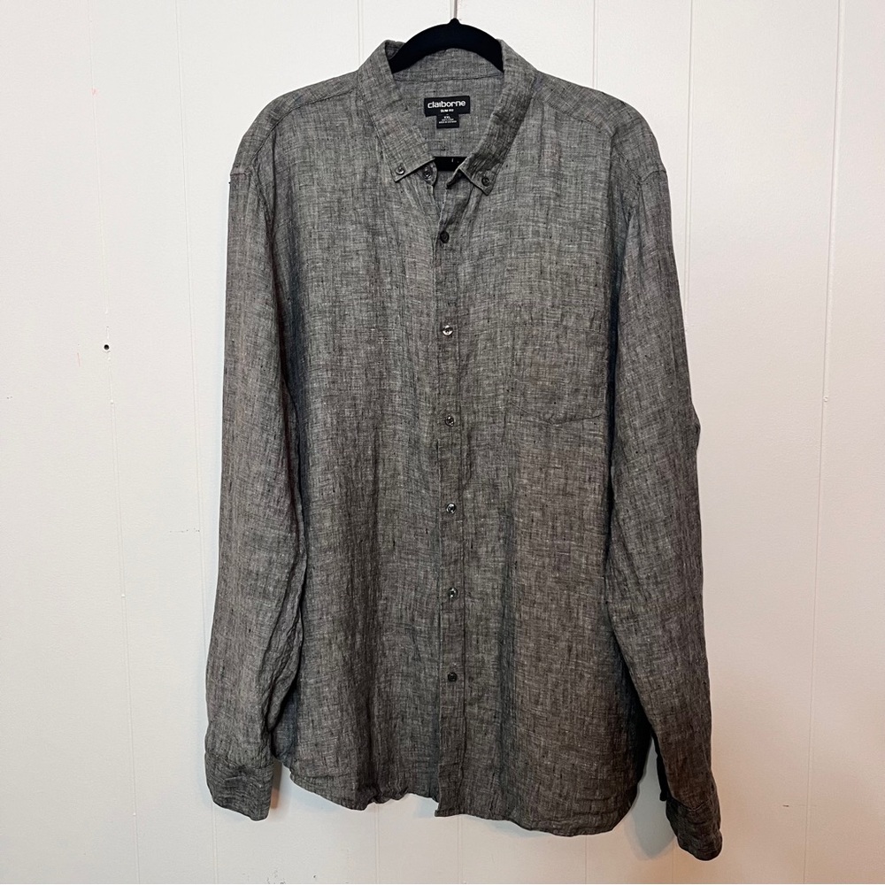 Claiborne 100% Linen Gray Long Sleeve Button Down Slim Fit Men's XXL Breathable